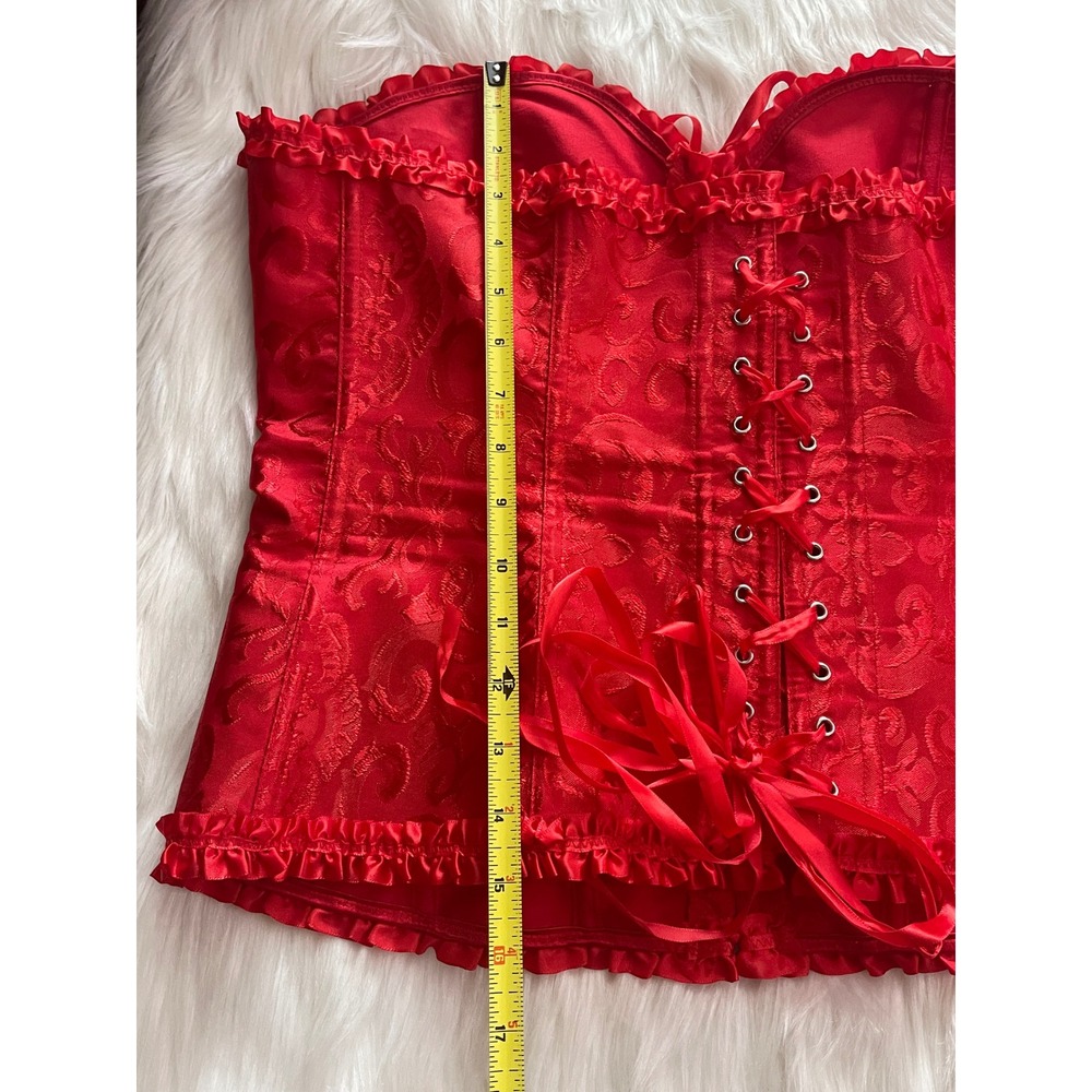 Women Red Victoria Style Satin Bustier Corset Floral Brocade Ruffled Trim 4XL - Picture 11 of 12
